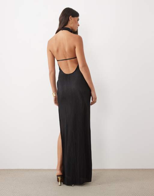 ASOS DESIGN plisse halter neck drape maxi dress with corsage trims in black, 3 of 4