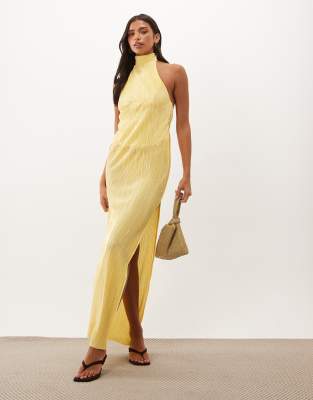 Asos Design Plissé Halter Neck Maxi Dress With Corsage Trim In Yellow