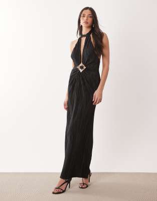 Asos Design Plisse Halter Neck Maxi Dress With Trim Detail In Black