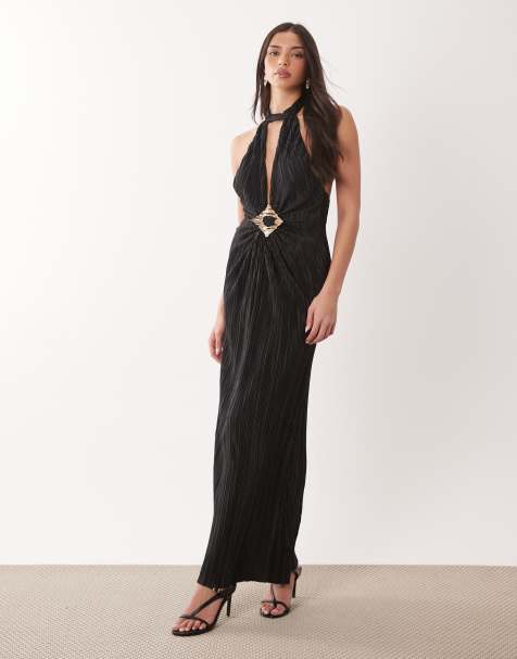 ASOS DESIGN plisse halter neck maxi dress with trim detail in black - view 1