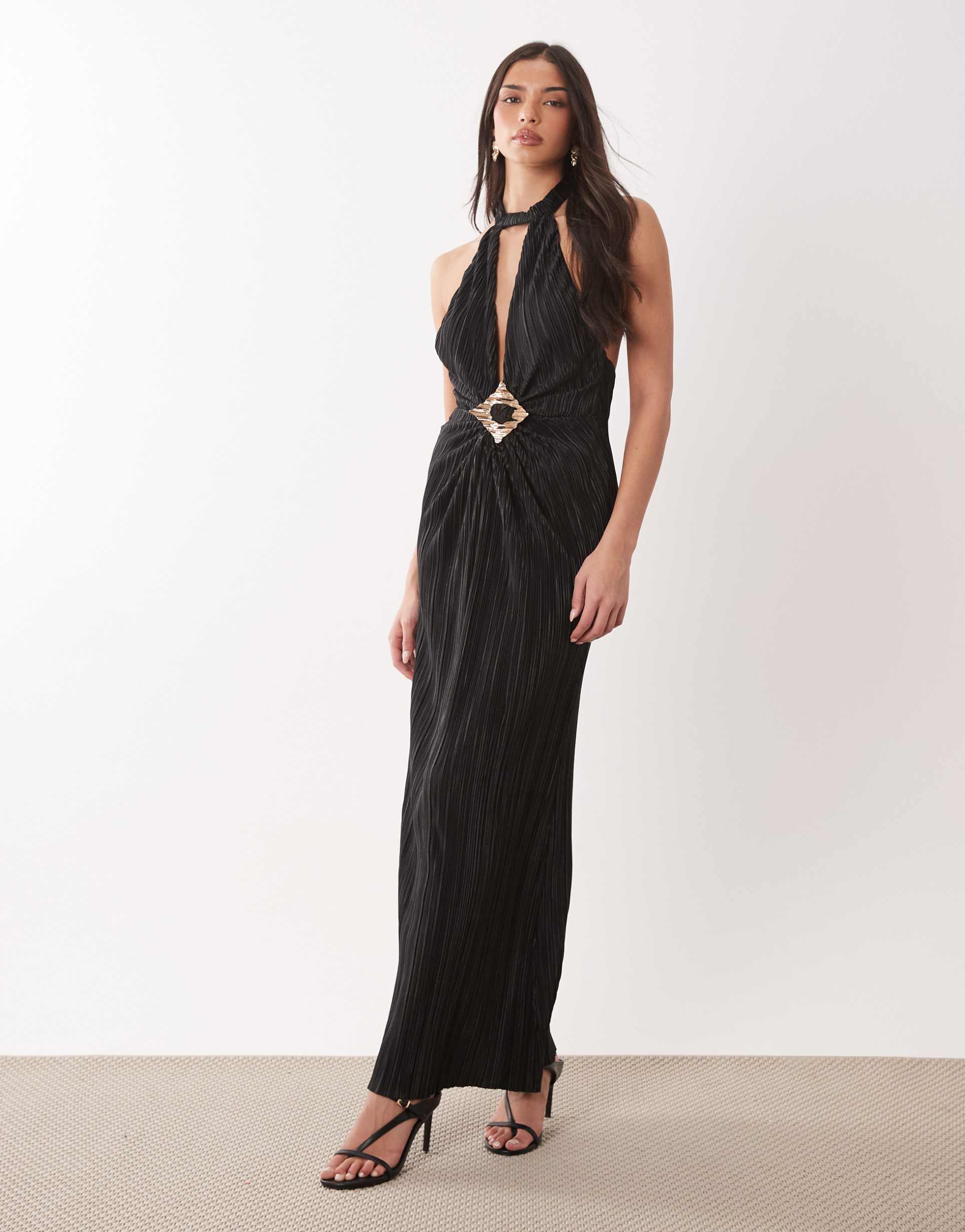 asos design plisse halter neck maxi dress with trim detail in black