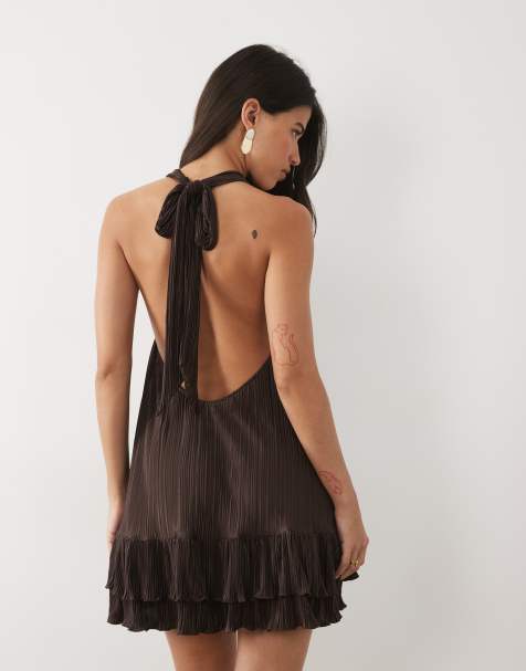 ASOS DESIGN plisse halter neck mini dress with ruffle hem in chocolate
