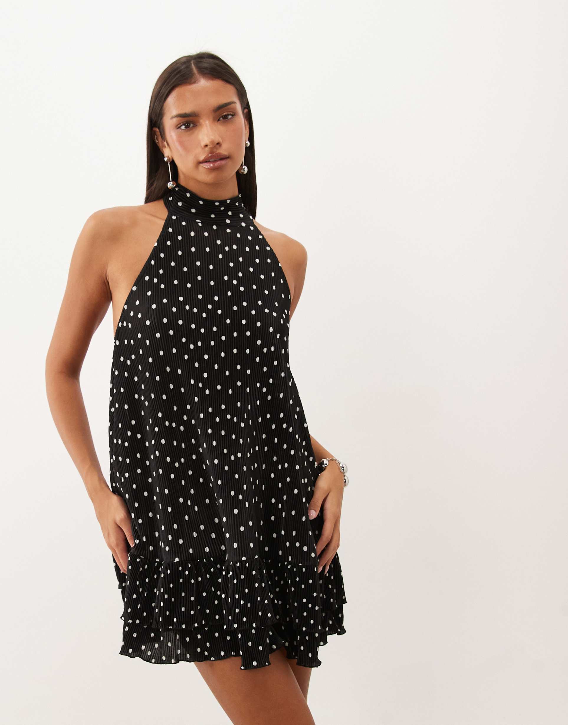 asos design plissé halter neck mini dress with ruffle hem in polka dots