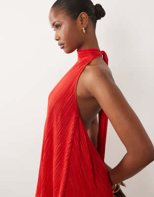 Asos Design Plisse Halter Neck Mini Dress With Ruffle Hem In Red