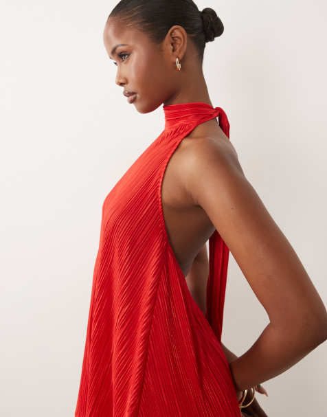 ASOS DESIGN plisse halter neck mini dress with ruffle hem in red - view 1