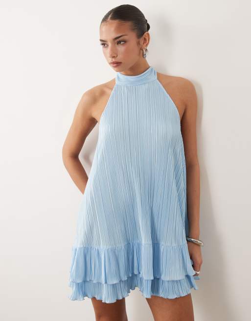 ASOS DESIGN plisse halter neck mini dress with ruffle hem in sky blue, 2 of 4
