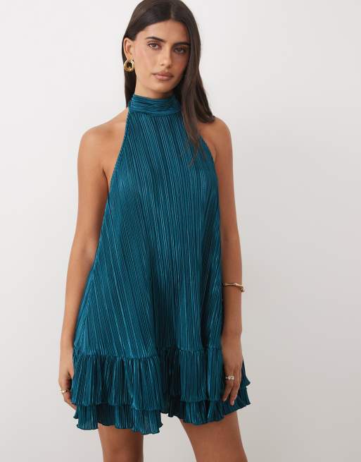 ASOS DESIGN plisse halter neck mini dress with ruffle hem in teal, 3 of 4