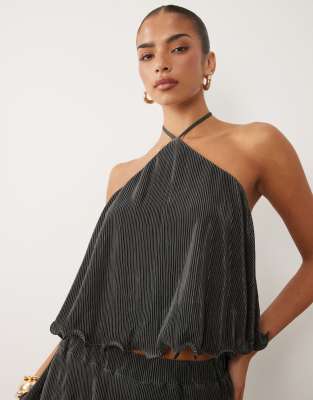 Asos Design Plisse Halter Neck Top In Black