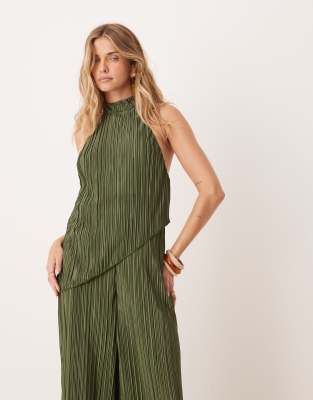 ASOS DESIGN PLISSE HALTER NECK WIDE LEG JUMPSUIT 