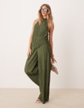 [ASOS DESIGN] ASOS DESIGN plisse halter neck wide leg jumpsuit in khaki-Green 12 GREEN