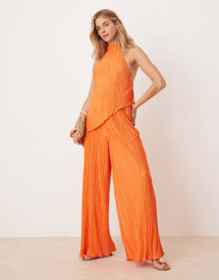 Asos Design Plisse Halter Neck Wide Leg Jumpsuit