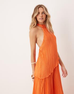 ASOS DESIGN PLISSE HALTER NECK WIDE LEG JUMPSUIT 