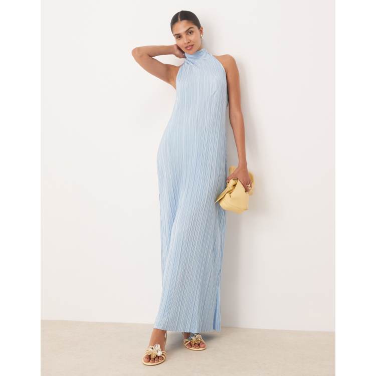 ASOS DESIGN plisse halter tie maxi dress in baby blue