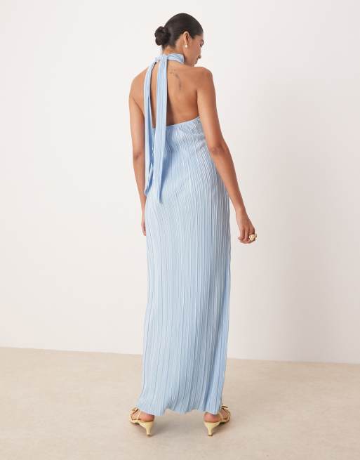 ASOS DESIGN plisse halter tie maxi dress in baby blue