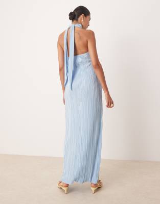 ASOS DESIGN plisse halter tie maxi dress in baby blue