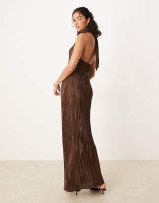 Asos Design Plisse Halter Tie Maxi Dress In Brown