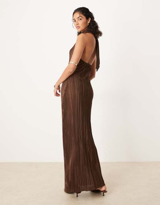 ASOS DESIGN plisse halter tie maxi dress in chocolate