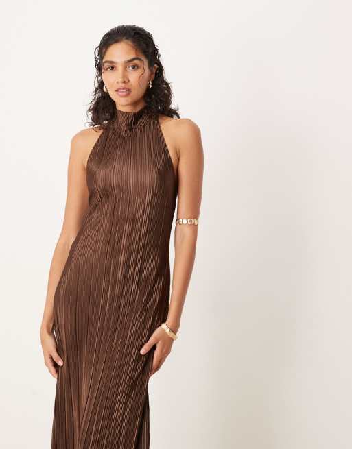 ASOS DESIGN plisse halter tie maxi dress in chocolate
