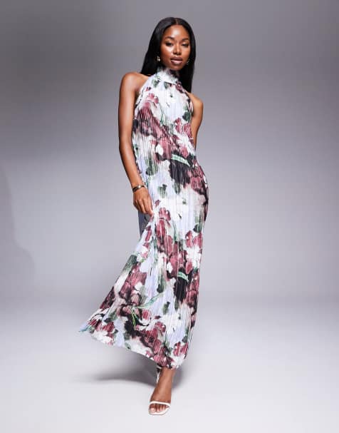 ASOS DESIGN plisse halter tie maxi dress in dark floral - view 1