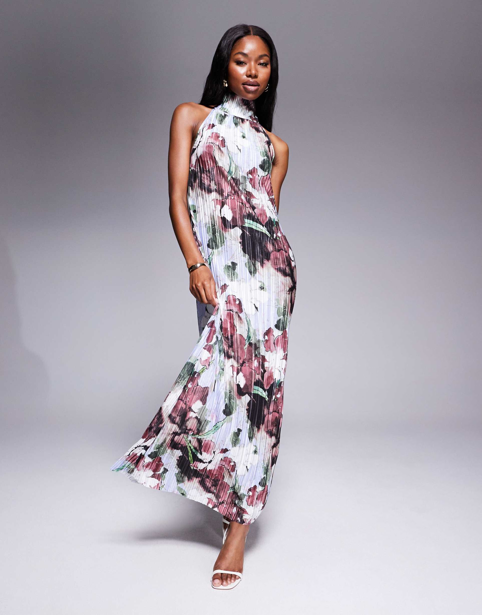 asos design plisse halter tie maxi dress in dark floral