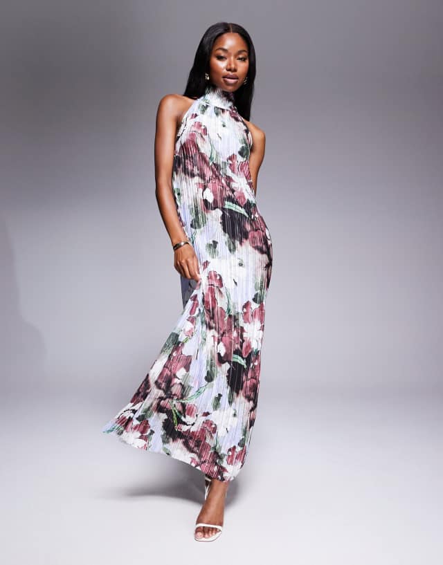 ASOS DESIGN plisse halter tie maxi dress in dark floral