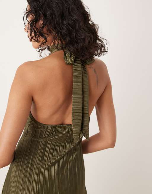 ASOS DESIGN plisse halter tie maxi dress in khaki