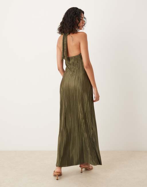 ASOS DESIGN plisse halter tie maxi dress in khaki