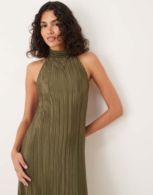ASOS DESIGN plisse halter tie maxi dress in khaki
