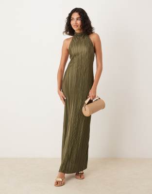 ASOS DESIGN plisse halter tie maxi dress in khaki - view 1