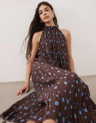 Asos Design Plisse Halterneck Midi Dress In Brown