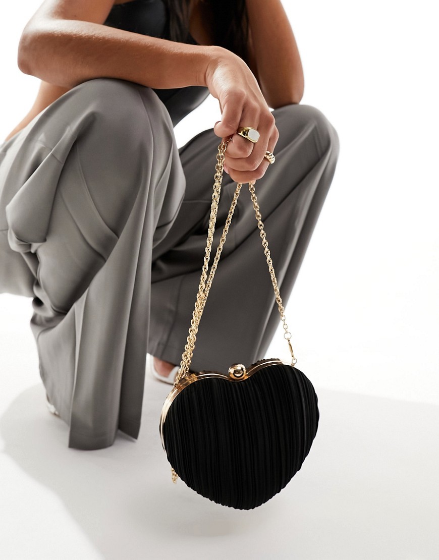 ASOS DESIGN plisse heart clutch bag with detachable chain strap in black