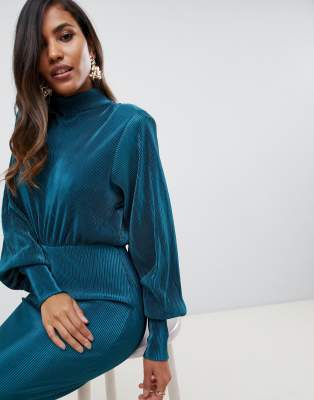 high neck balloon sleeve midi dress