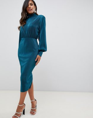 asos design plisse high neck balloon sleeve open back midi dress