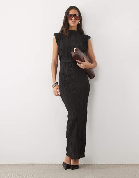 ASOS DESIGN plisse high neck column midi dress with shoulder pads in black