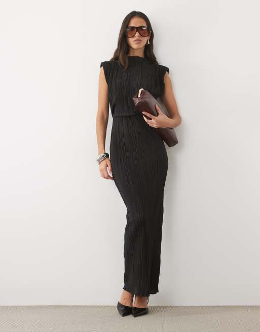 ASOS DESIGN plisse high neck column midi dress with shoulder pads in black, 3 of 4
