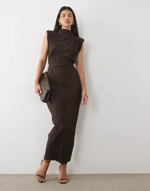 ASOS DESIGN plisse high neck column midi dress with shoulder pads in chocolate, 2 of 4