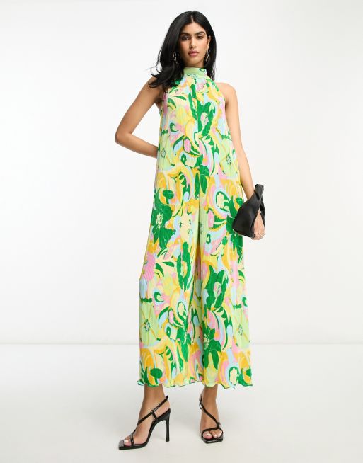 ASOS DESIGN plisse high neck jumpsuit in green retro floral