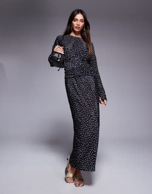 plisse high neck long sleeve wrap waist maxi dress in dot-Multi