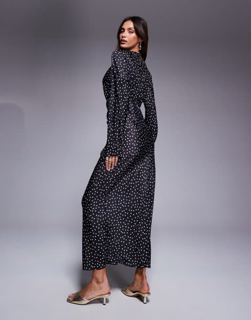 ASOS DESIGN plisse high neck long sleeve wrap waist maxi dress in dot | ASOS