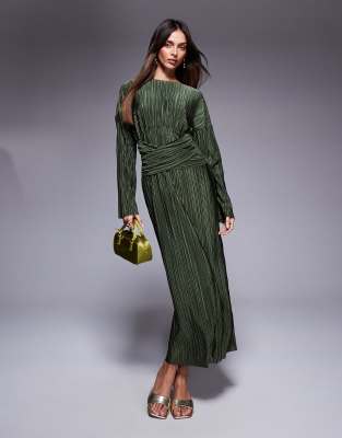 plisse high neck long sleeve wrap waist maxi dress in khaki-Green