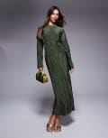[ASOS DESIGN] ASOS DESIGN plisse high neck long sleeve wrap waist maxi dress in khaki-Green 14 KHAKI