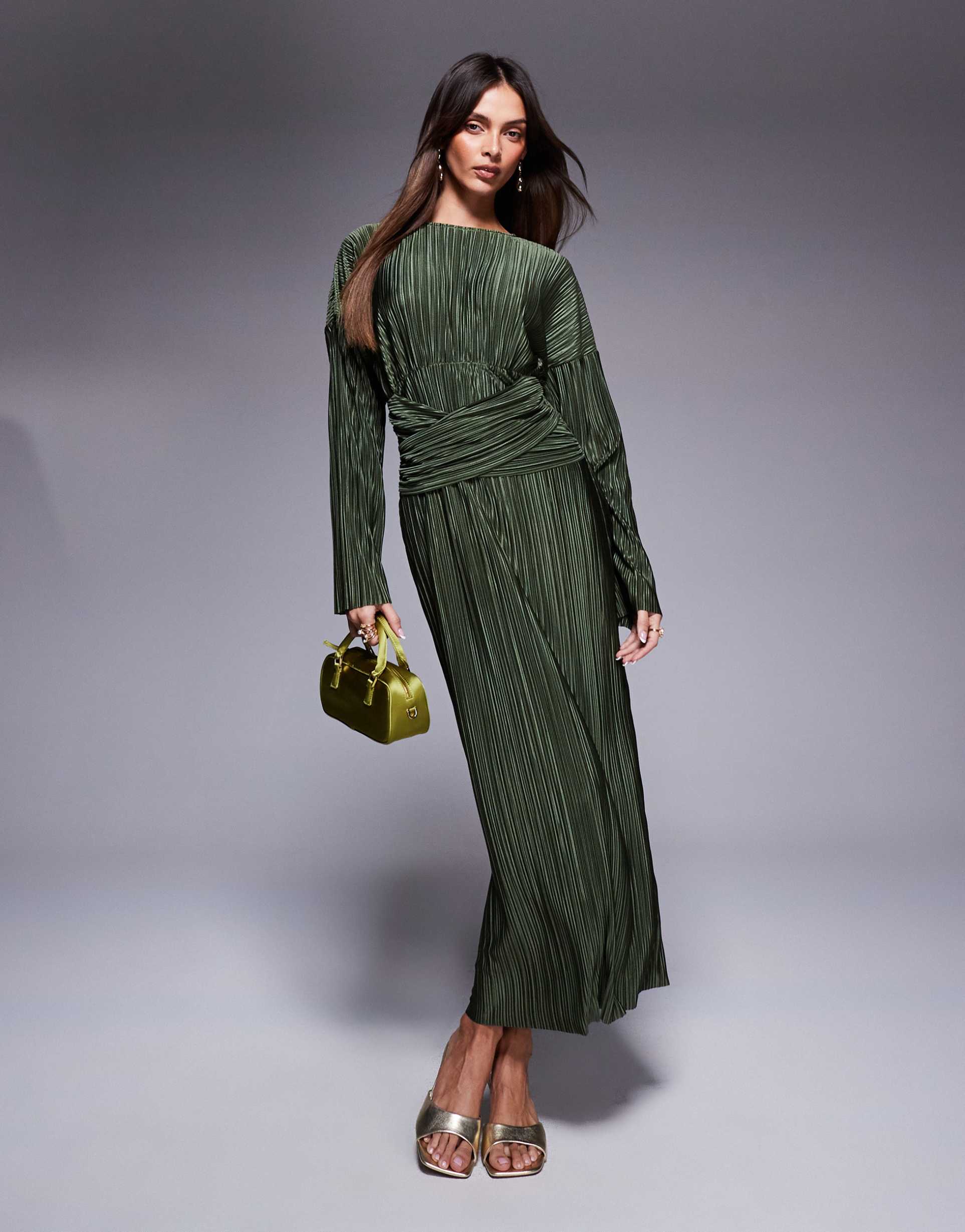 asos design plisse high neck long sleeve wrap waist maxi dress in khaki