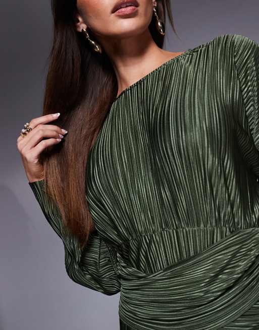 ASOS DESIGN plisse high neck long sleeve wrap waist maxi dress in khaki