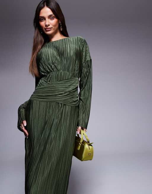 ASOS DESIGN plisse high neck long sleeve wrap waist maxi dress in khaki