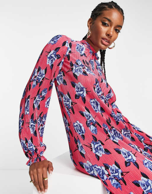 ASOS DESIGN plisse high neck maxi dress in pink and blue rose print, 3 of 4