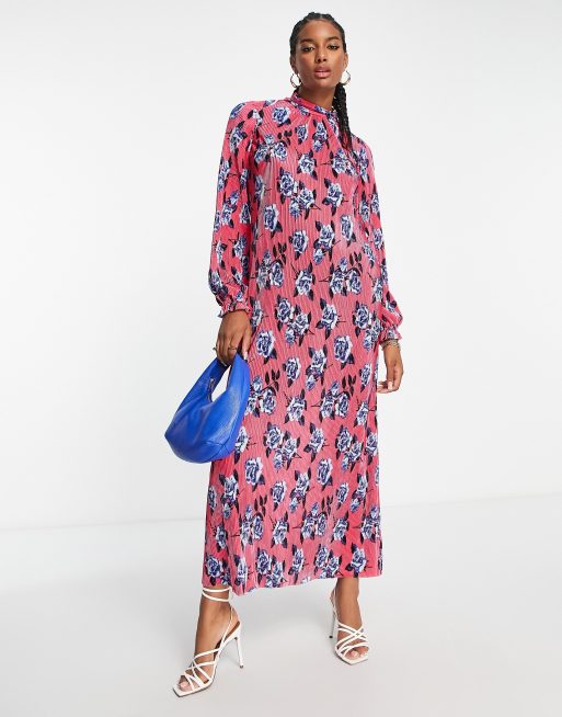 ASOS DESIGN plisse high neck maxi dress in pink and blue rose print, 4 of 4