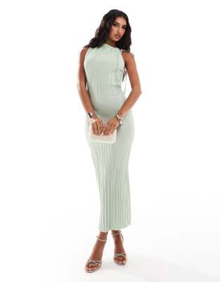 Asos Design Plisse High Neck Midi Dress With Channeled Strap Detail In Sage Green