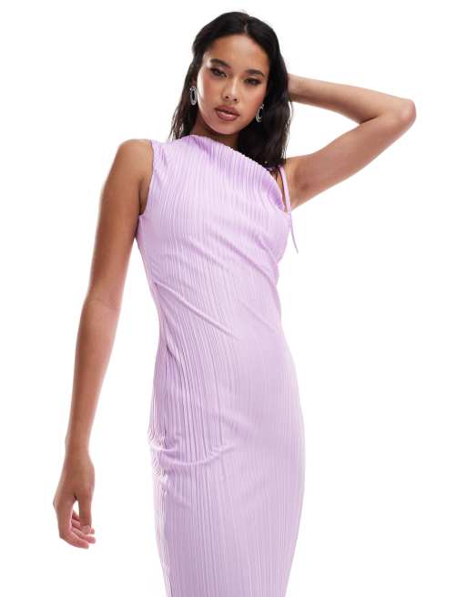 ASOS DESIGN plisse high neck midi dress with channelled strap detail in lilac ASOS