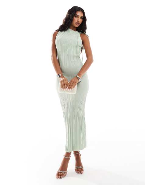 ASOS DESIGN plisse high neck midi dress with channelled strap detail in sage green - view 1
