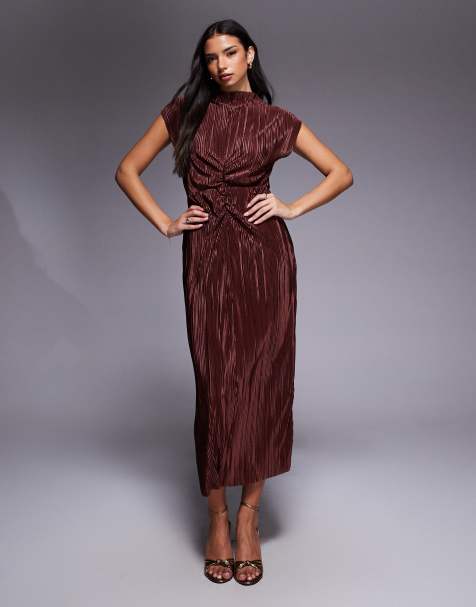 ASOS DESIGN plisse high neck ruched detail midi dress in chocolate - view 1